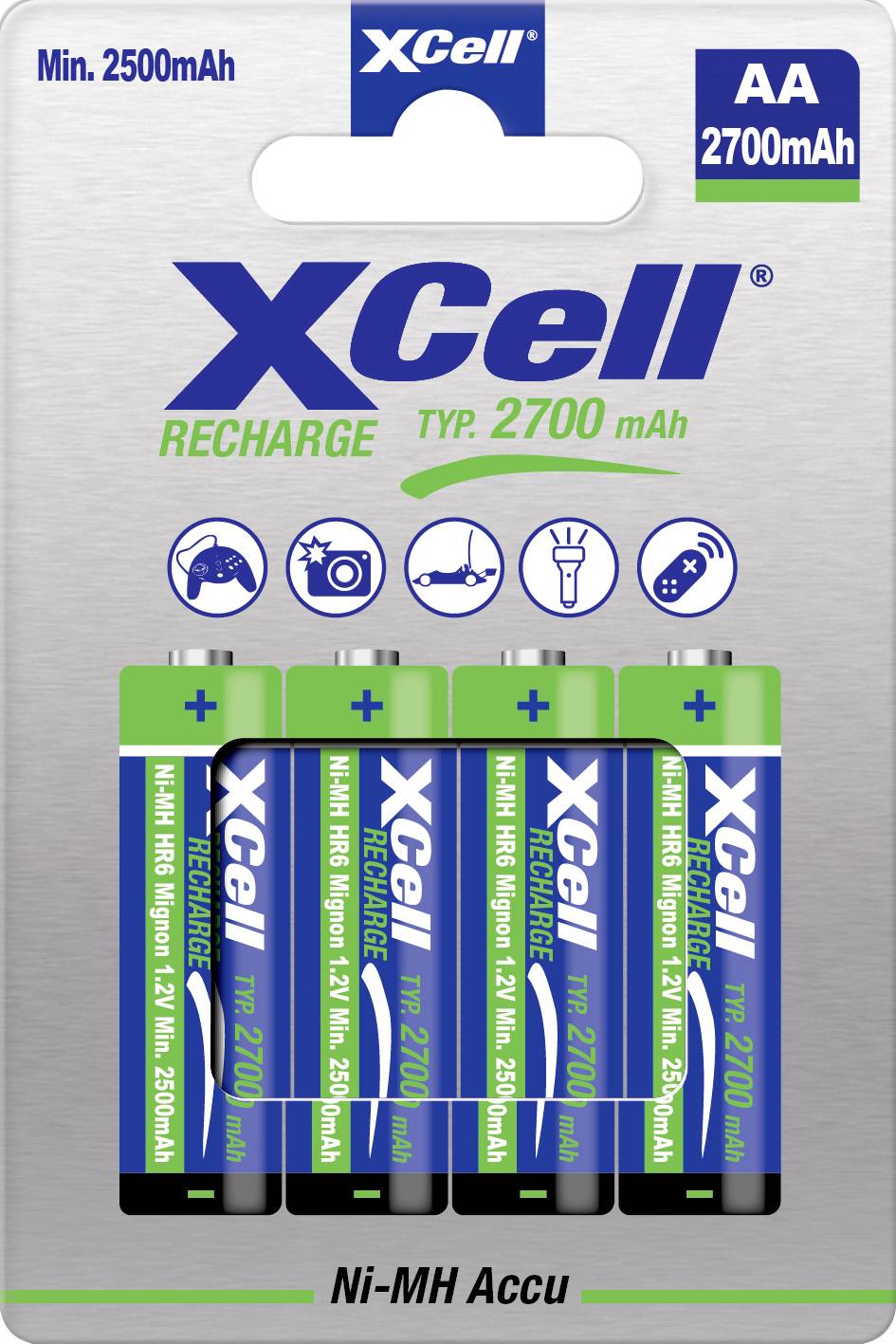 Xcell pakovanje punjivих AA Ni-MH baterija, označenih Min. 2500mAh i 2700mAh, prikazujući četiri AA baterije i ikoне za upotrebu.