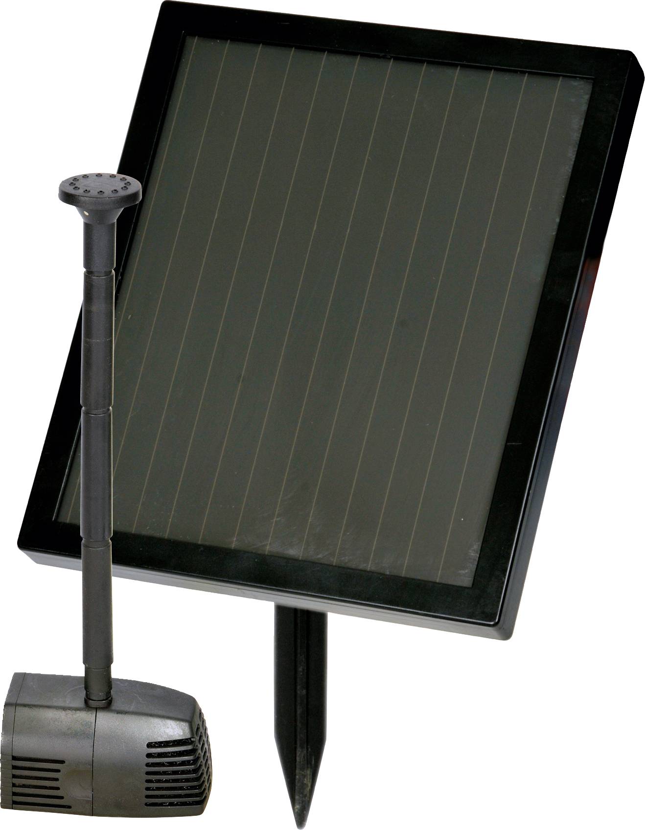 Solarom napajana vodena pumpa s crnim solarnim panelom i crnim kućištem pumpe, pogodna za instalacije u ribnjacima.