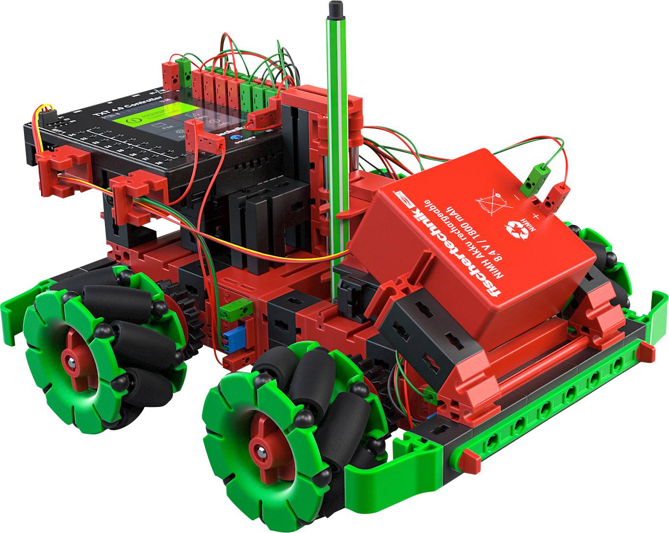 Crveno-zeleni robot s kotačima i vidljivim kabelima, sastavljen od modularnih dijelova. Pogodan je za tehnička eksperimentiranja.