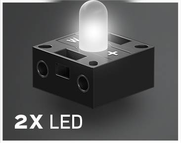 Crno kućište s bijelo svijetlećom LED-diodom. Tekst: '2X LED'.