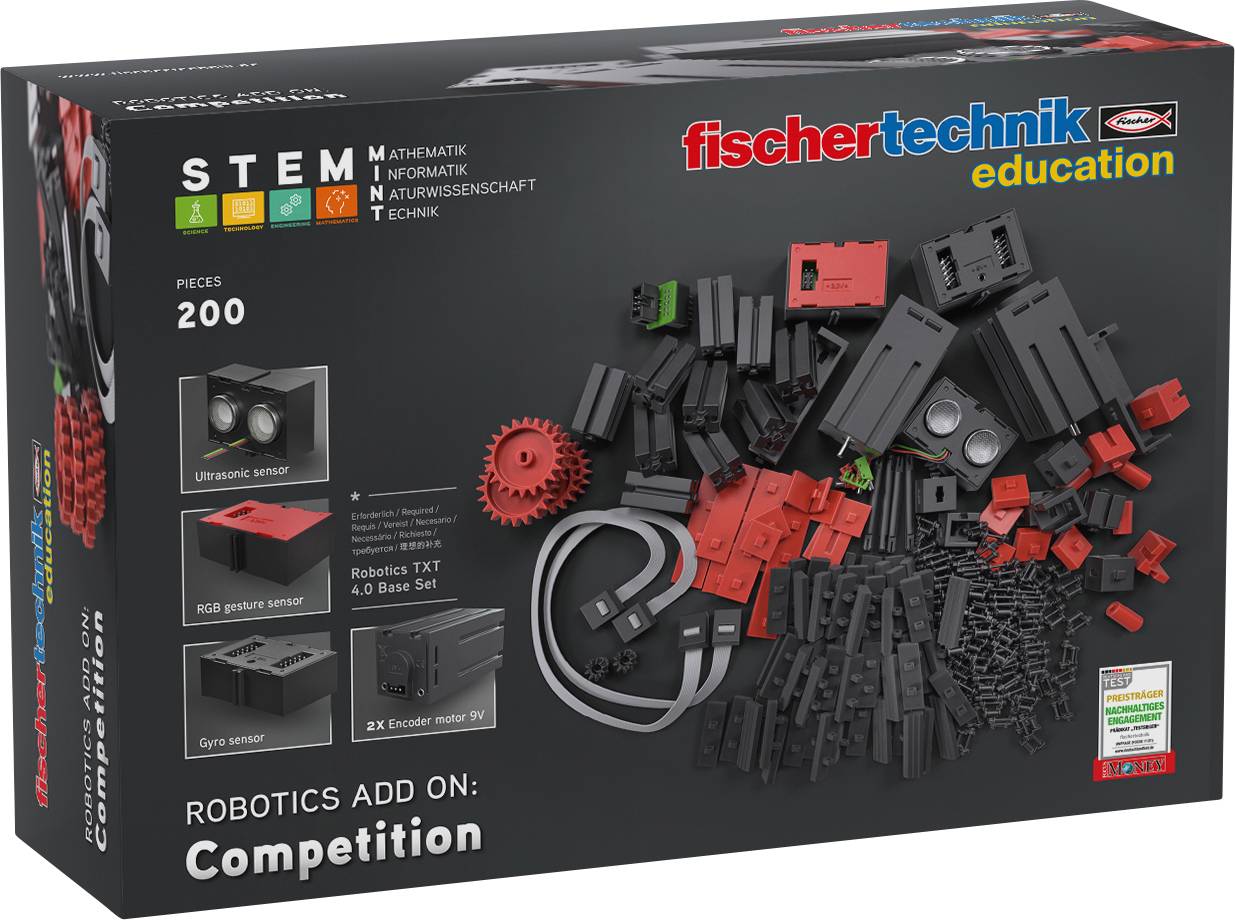 Komplet 'Robotics Add On: Competition' tvrtke fischertechnik education sadrži 200 dijelova, uključujući senzore i tehničke komponente.