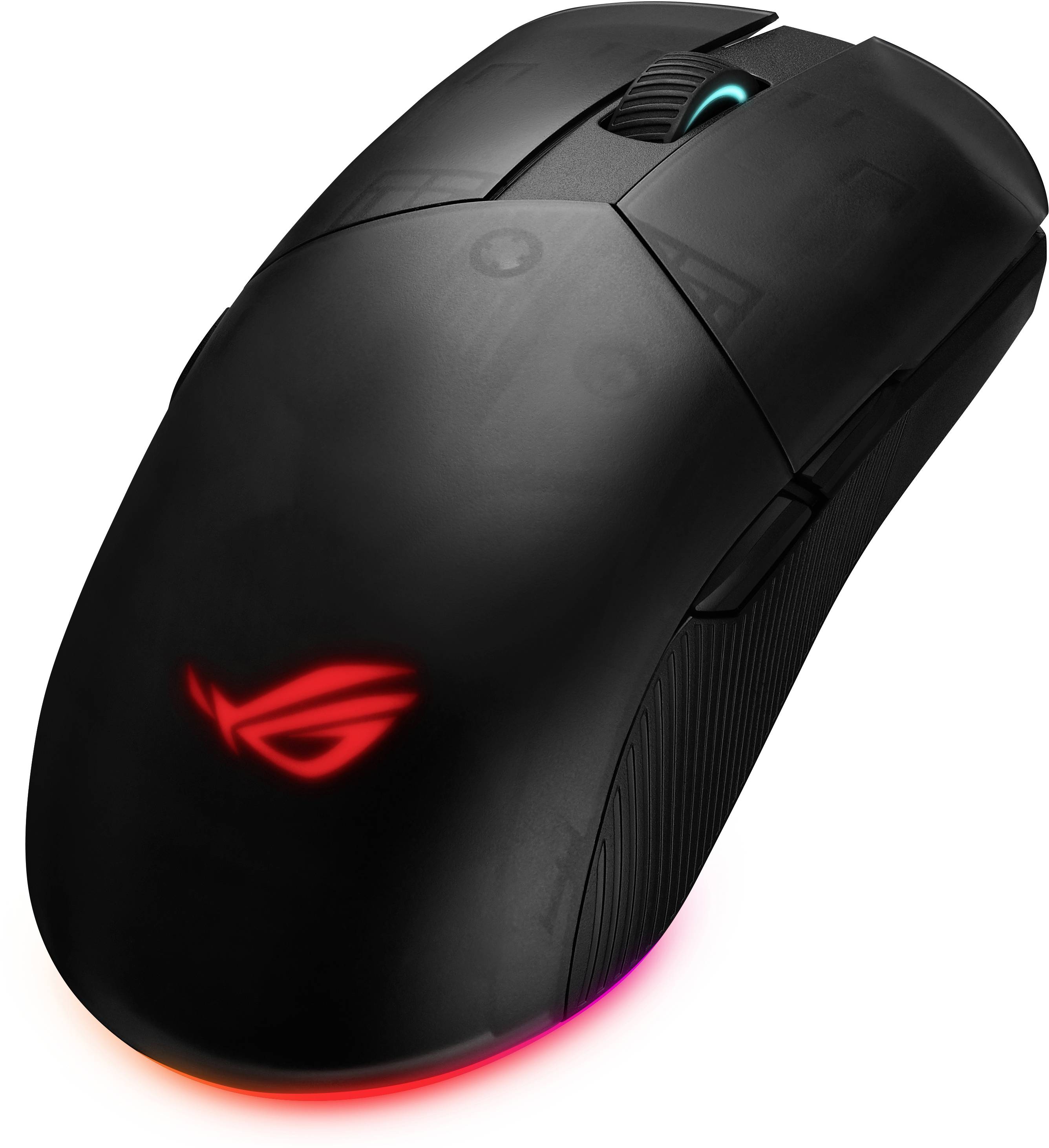 Crna gaming miš s osvjetljenim LED logotipom i kotačićem za pomicanje na vrhu. Pogodna za PC gaming zbog svoje ergonomske forme.