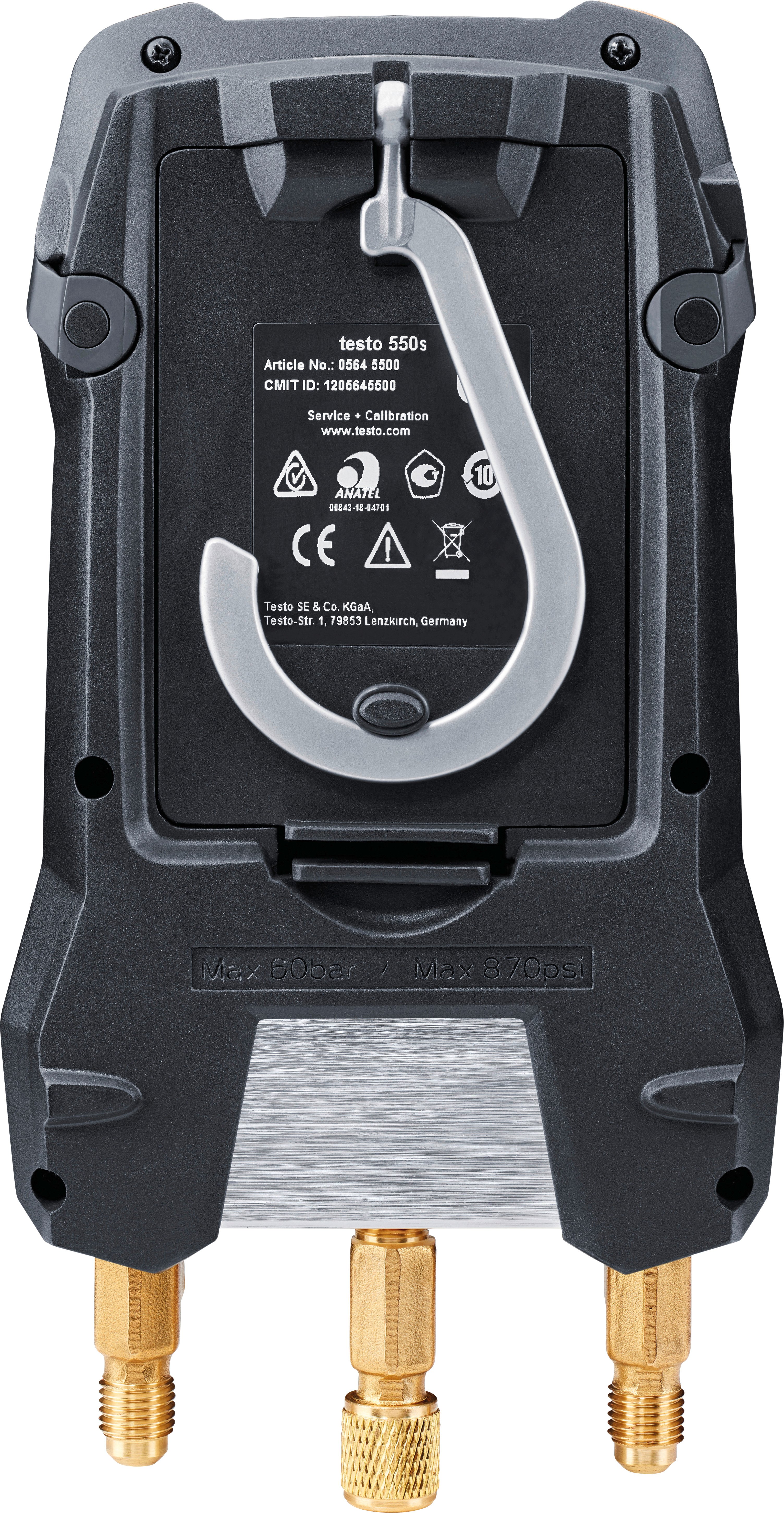 Crni digitalni mjerni uređaj s kukom i tri zlatna priključka dolje. Na poleđini su prikazani tehnički detalji i sigurnosne napomene.