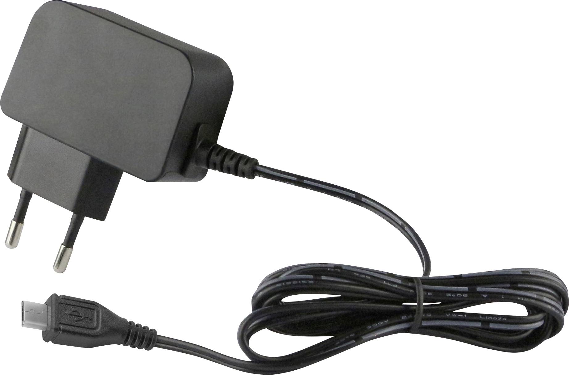 Crni punjač s EU utikačem i USB kabelom s micro-USB priključkom, pogodan za elektroničke uređaje.
