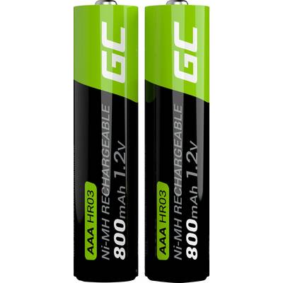 Dvije uspravno postavljene, punjive AAA baterije kapaciteta 800mAh i napona 1,2V. Logotip marke 'GC' gore.
