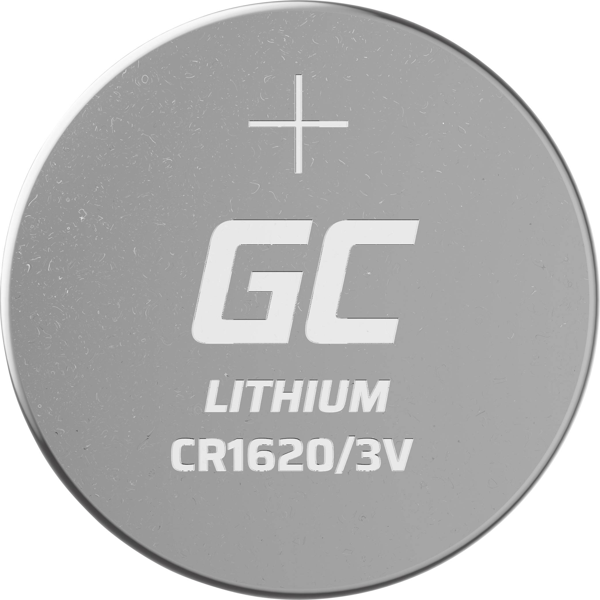 Srebrna litij-gumbasta baterija s utisnenim tekstom: 'GC Lithium CR1620/3V' i plus znakom.