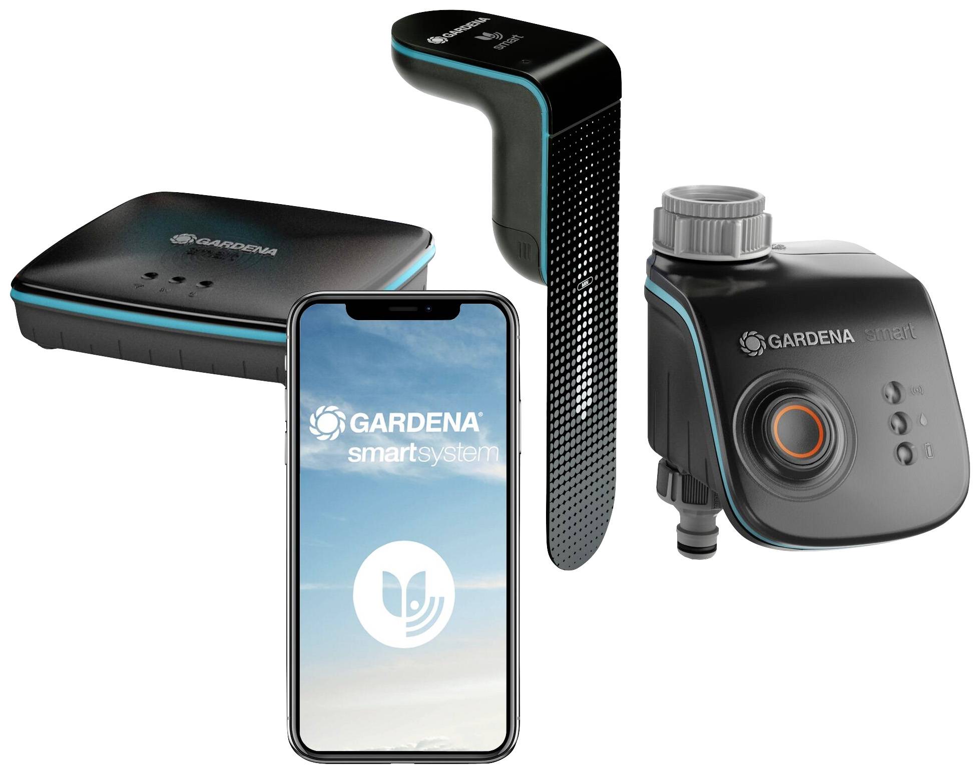 GARDENA pametni sustav: Pametni telefon s aplikacijom, mrežnim pristupnikom i pametnim uređajima za navodnjavanje i njegu vrta. Umreženo za automatsko upravljanje.