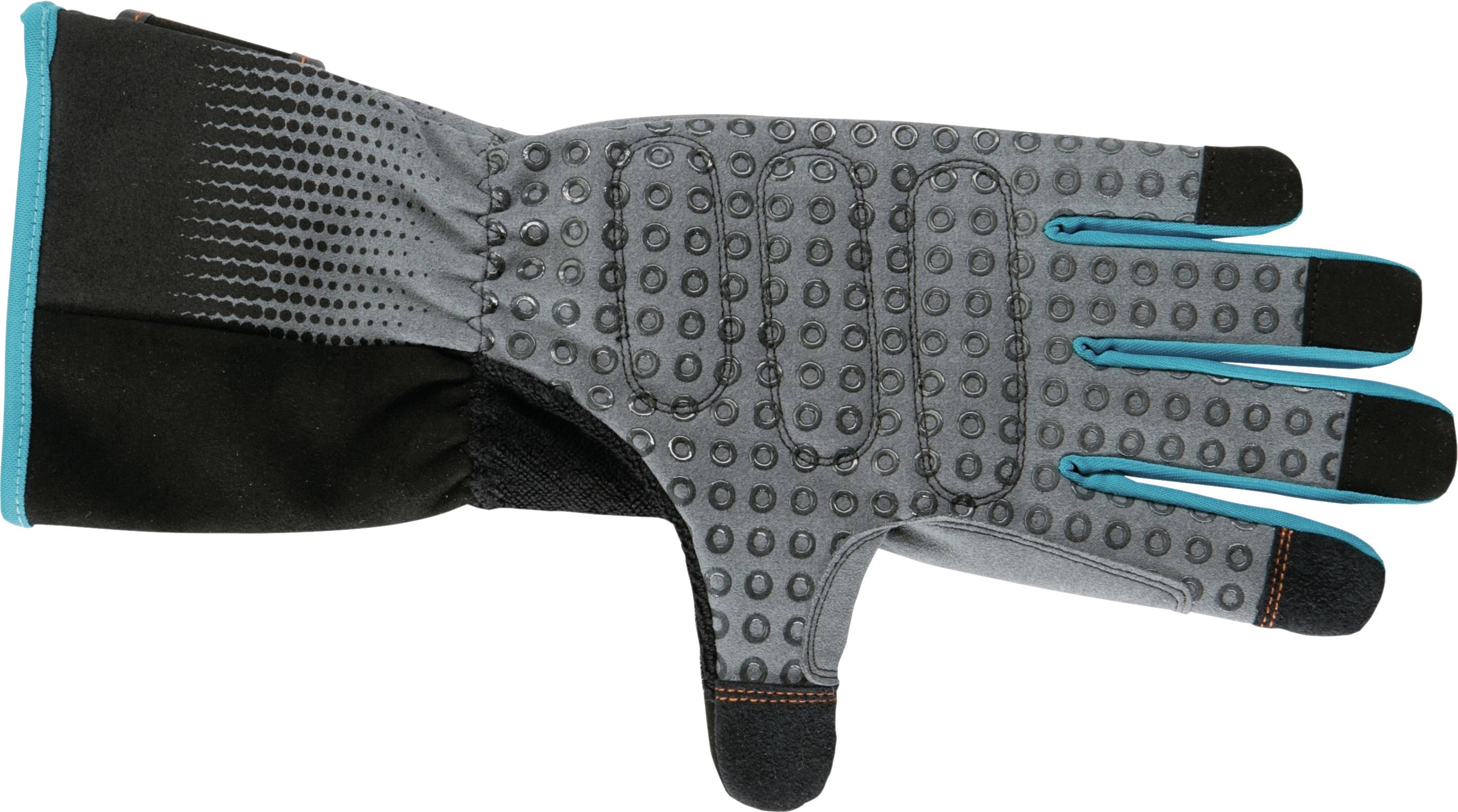 Sivo-punktirana rukavica sa pojačanjima na prstima i dlanu, plavi rub na vršcima prstiju, crna manžeta.