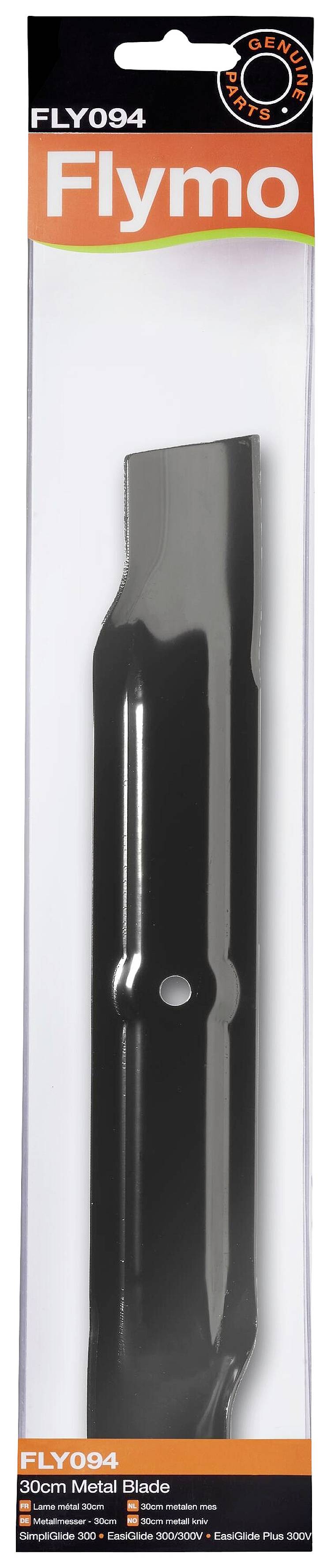 Pakiranje zamjenskog dijela Flymo noža za travu, crno, metalna oštrica od 300 mm, s narančastim Flymo logotipom na vrhu.