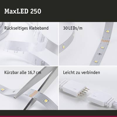 'MaxLED 250' LED traka sa ljepljivom trakom na stražnjoj strani. Moguće je skratiti na svakih 16,7 cm. Sadrži 30 LED-a po metru, lako se spaja.
