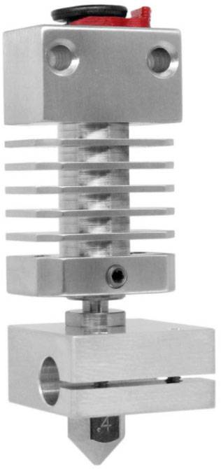 Metalni 3D pisač hotend s žljebovima za hlađenje, grijnim blokom i mlaznicom dolje. Gore su vidljivi vijci za učvršćivanje.