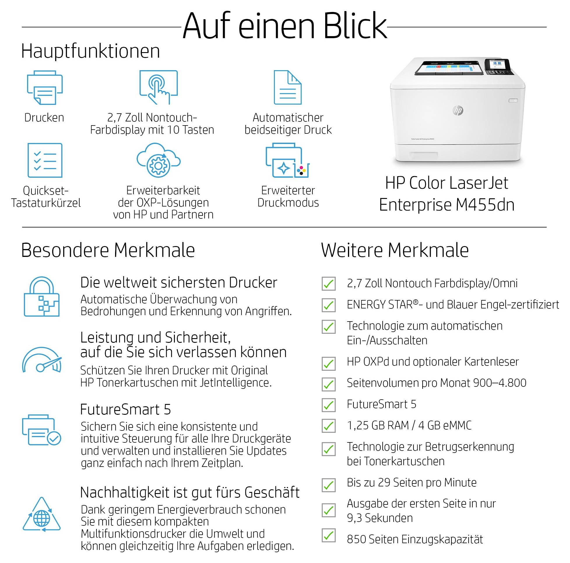 Infografika za HP Color LaserJet Enterprise M455dn s prikazom glavnih funkcija, posebnih značajki i ključnih specifikacija: zaslon osjetljiv na dodir od 2,7 inča, automatski dvostrani ispis, sigurnost i brzina do 29 stranica po minuti.