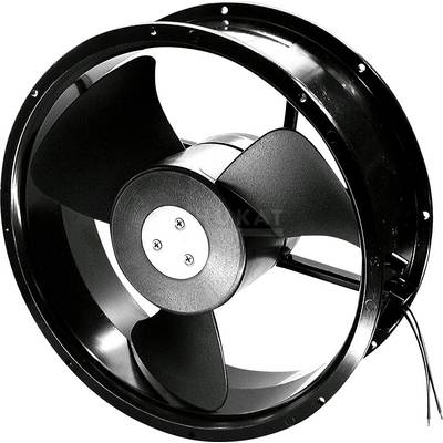 Crni ventilator s četiri krila, pogodan za industrijske primjene. Kabeli vise sa strane.