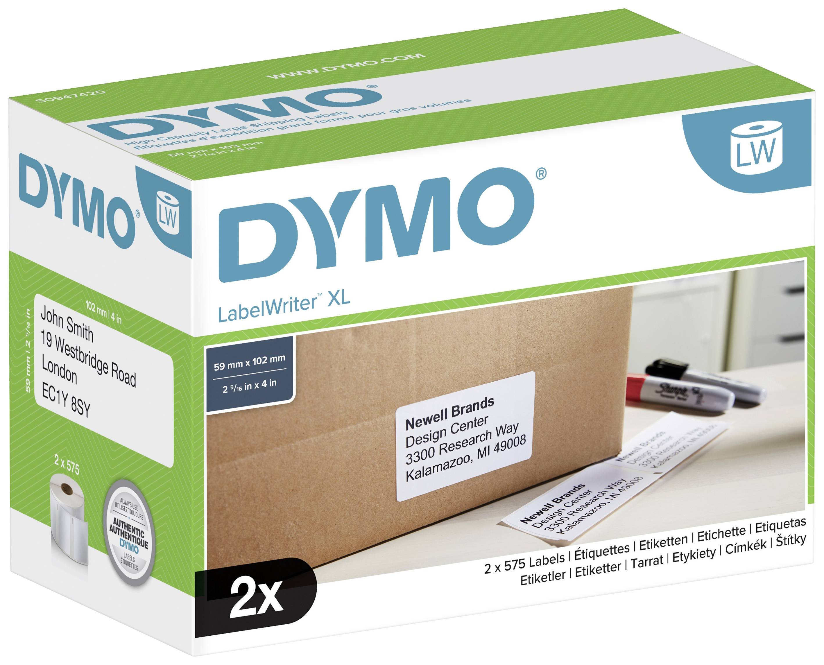 DYMO LabelWriter XL paket s prikazom naljepnice na paketu. Sadrži 2 x 575 naljepnica.