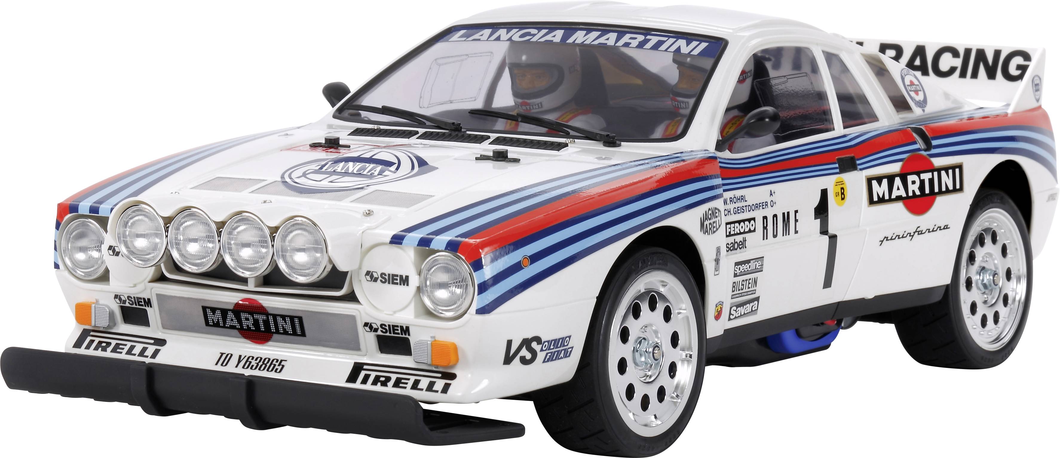 Igračka automobil u stilu relija, Lancia vozilo s 'Martini' sponzorstvom, rally prugama i far. Elementi dizajna trkaćeg automobila.