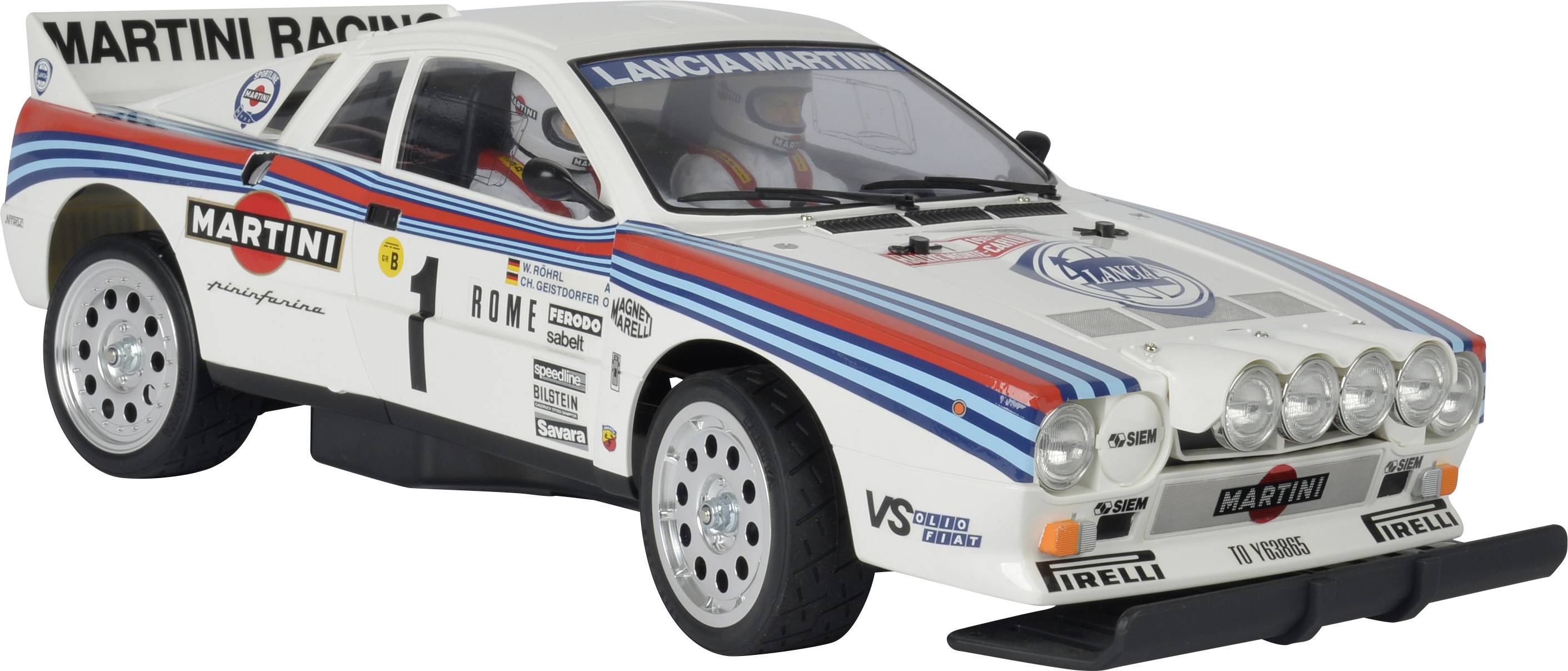 Bijeli modelni automobil rally vozila s naljepnicama 'Lancia Martini' i 'Martini Racing', plavim i crvenim prugama, na svijetloj pozadini.