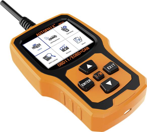 Narančasti OBDII/CAN dijagnostički uređaj s ekranom koji prikazuje različite ikone za automobilske scan opcije.