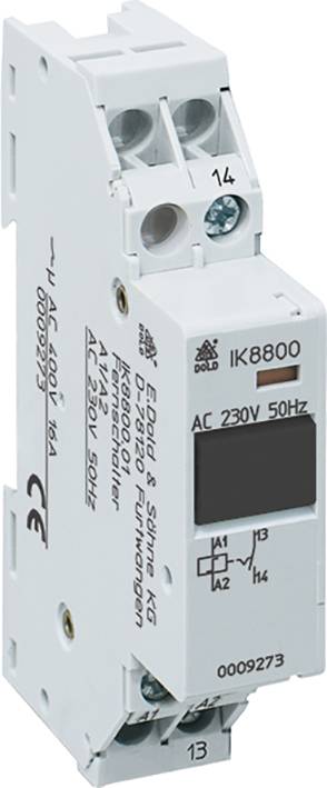 Bijeli električni prekidač tvrtke DOLD s natpisom 'IK8800', 'AC 230V 50Hz'. Oznake za priključke su vidljive.