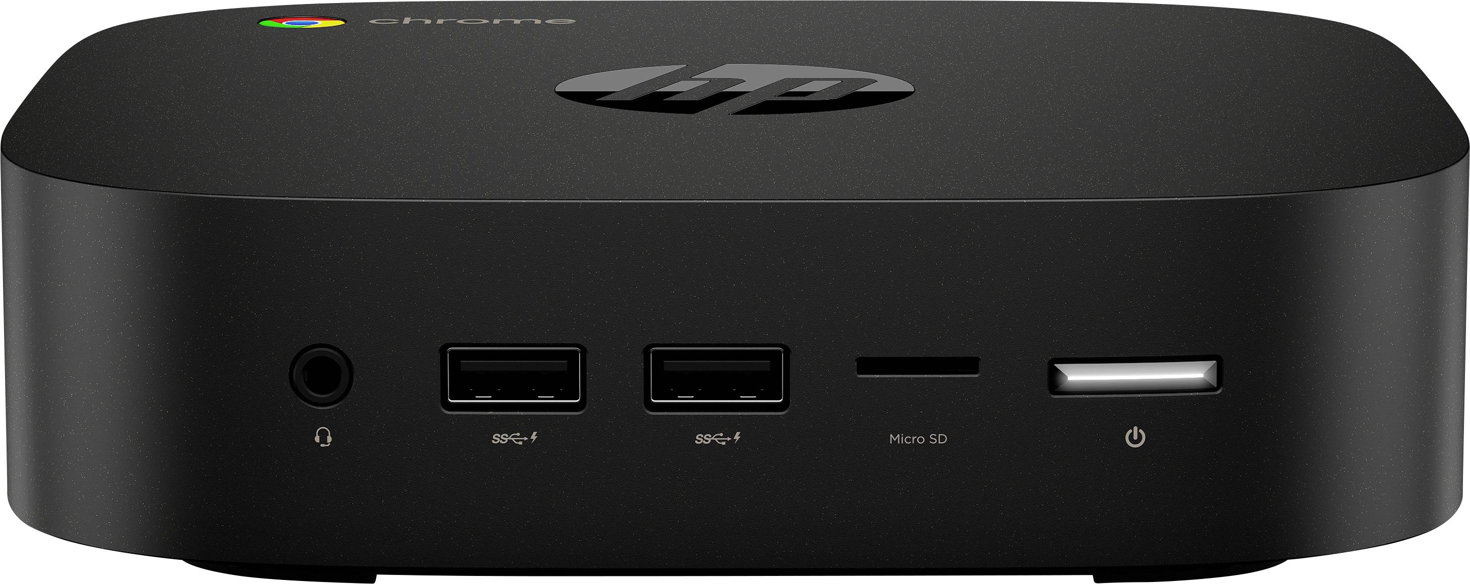 Crni HP Chromebox mini-računar s vidljivim priključcima na prednjoj strani, uključujući audio, USB i SD kartični utor.
