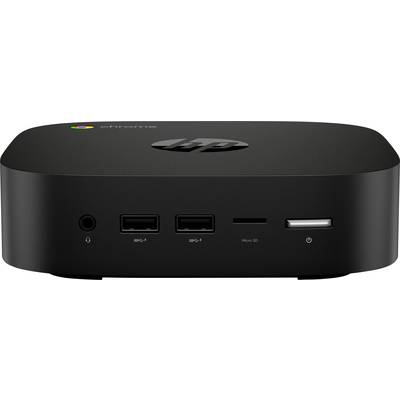 Crni HP Chromebox mini-računar s vidljivim priključcima na prednjoj strani, uključujući audio, USB i SD kartični utor.