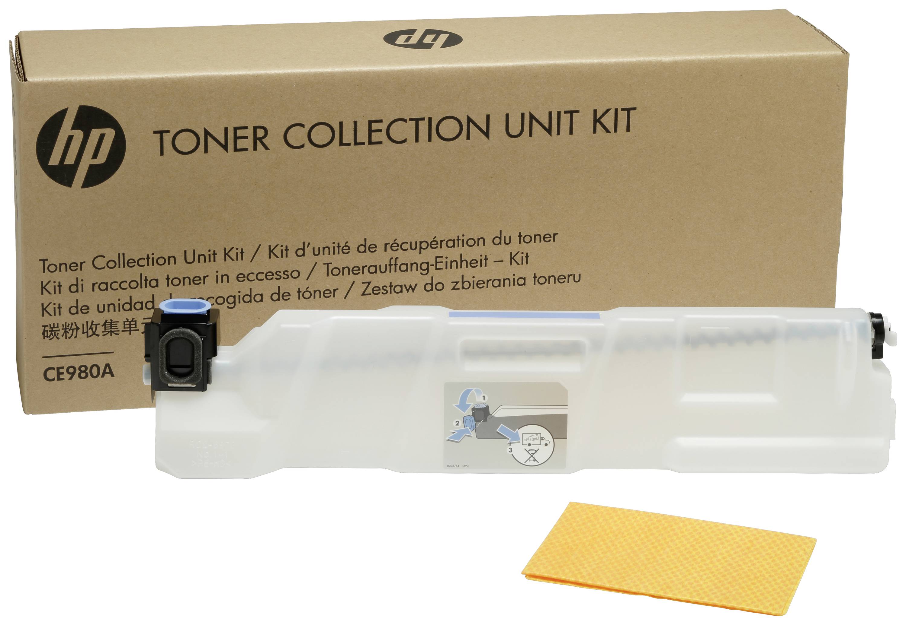 HP Toner Collection Unit Kit CE980A s plastičnom posudom i čistačkom krpom ispred kartonske ambalaže.