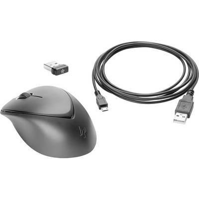 Bežični, crni računalni miš s USB prijemnikom i USB kabelom za punjenje.