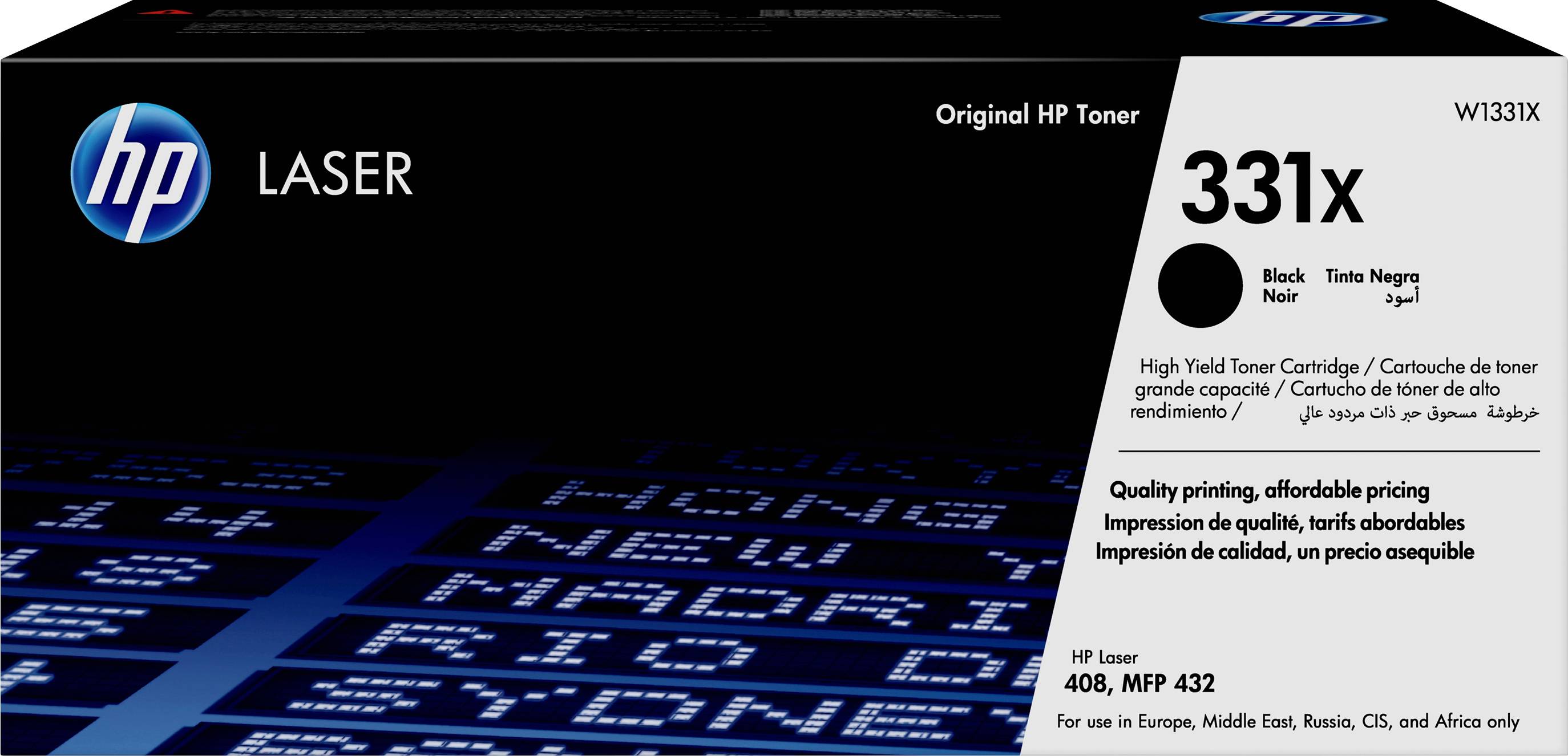 Crni toner-uložak 331x, velike pokrivenosti, za HP LaserJet pisače. Glavno besedilo: 'Kvalitetni ispis, pristupačne cijene'.