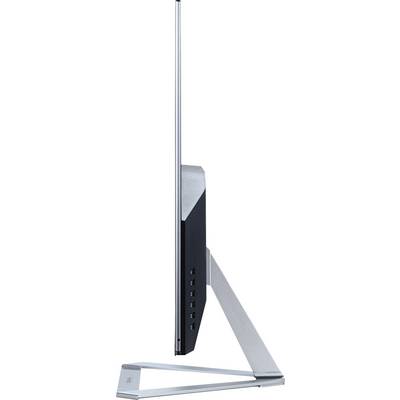 Pogled sa strane na ultra tanki monitor s modernim postoljem. Zaslon je izuzetno vitak i elegantan.