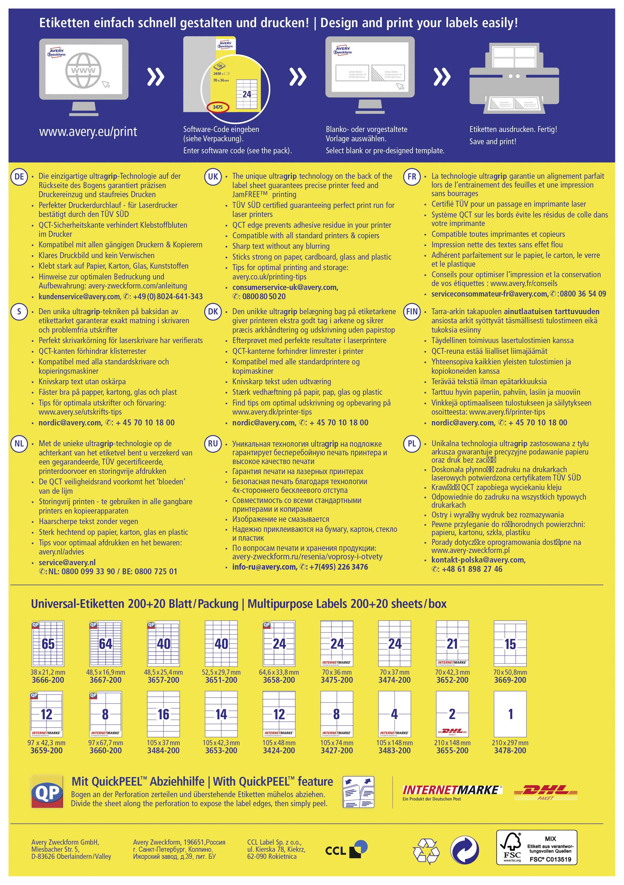 Žuti informativni list s uputama za oblikovanje i ispis naljepnica. Popis veličina naljepnica i brojeva proizvoda.