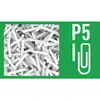 Papirnati traci na zelenoj pozadini, simboli 'P5' i spajalica. Indikator sigurnosne razine u kontekstu uređaja za uništavanje dokumenata.