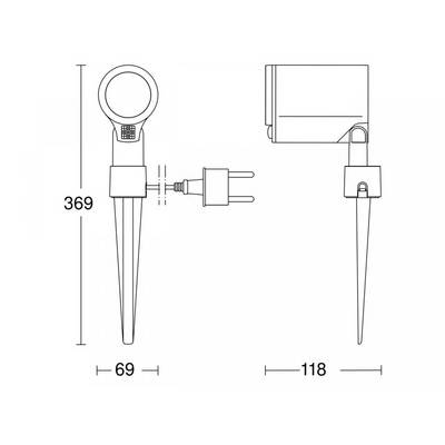 Tehnički nacrt pravokutne lampe sa šiljkom za postavljanje u tlo, ukupne visine 369 mm. Širina: 69 mm; Dubina: 118 mm.