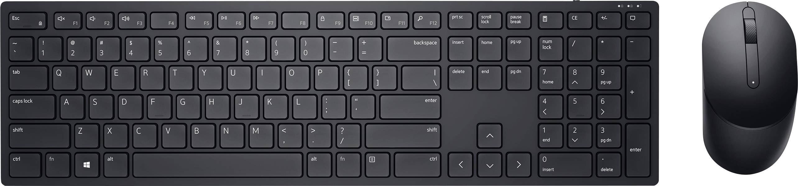 Komplet tipkovnice i miša, crni, bežični. Tipkovnica s brojčanikom i funkcijskim tipkama; miš ergonomski oblikovan s kotačićem.
