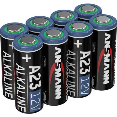 Osam crnih Ansmann alkalnih baterija tipa A23 s 12V, postavljenih jedna do druge, s oznakama plus i minus pola.