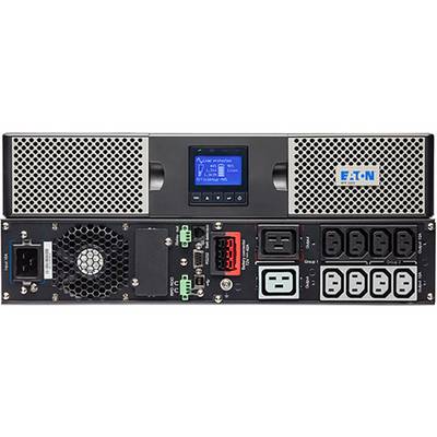 Prednja strana Eaton rack-mount UPS uređaja s zaslonom i ventilacijskim otvorima; stražnja strana prikazuje utičnice i ventilatore.