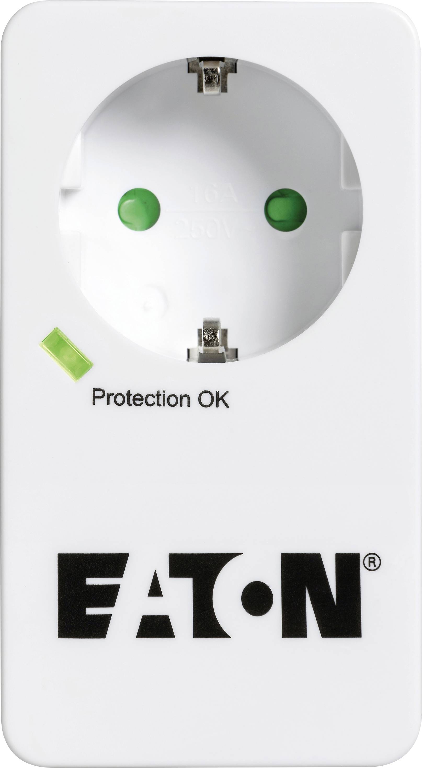 Zaštitna utičnica s zelenim indikatorima i natpisom 'Protection OK', ispod kojeg se nalazi logo i naziv marke Eaton.