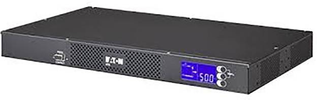 Crni uređaj za montažu u stalak s plavim LED zaslonom na kojem piše '500' i markom 'Eaton' u sredini.