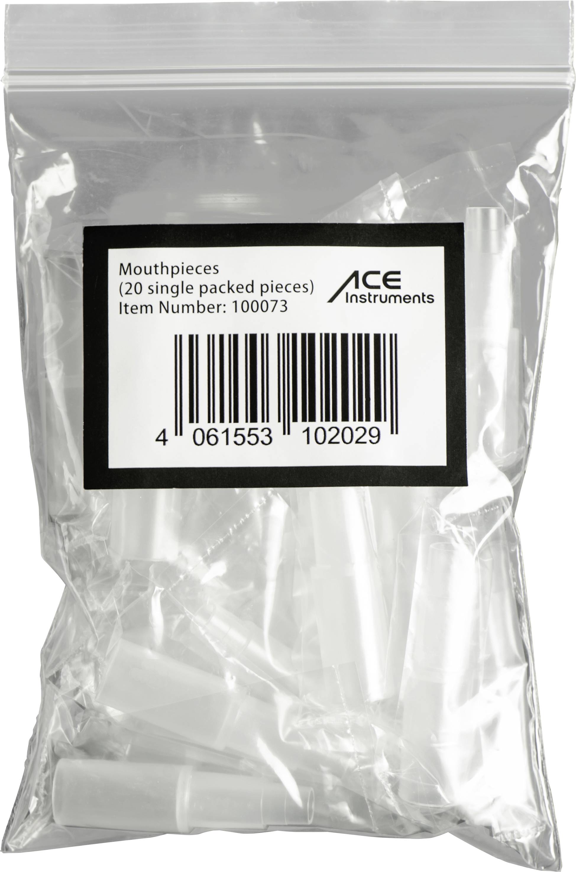 Prozirna plastična vrećica sadrži 20 pojedinačno pakiranih nastavaka marke ACE Instruments. Barkod je vidljiv.