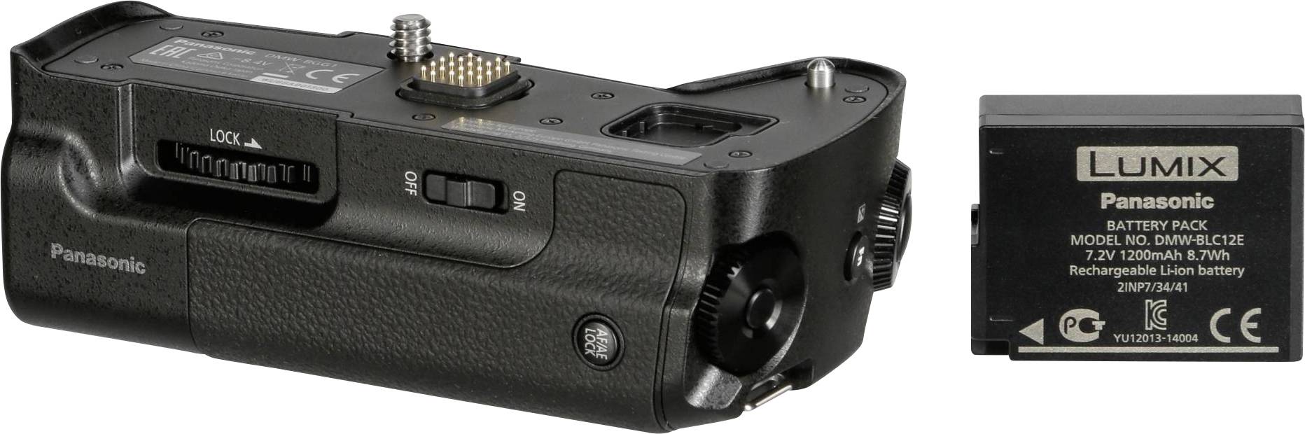 Crni fotoaparatski hvataljka s kontrolnim tipkama pored Panasonic baterije, model DMW-BLC12, 7,2V, 1200mAh.