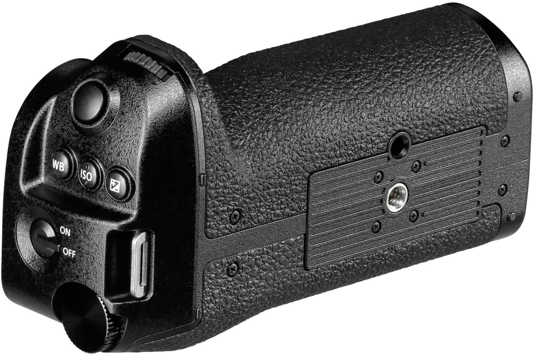 Crni produžetak baterije fotoaparata s više tipki za podešavanje fotoaparata i prekidačem za uključivanje/isključivanje.
