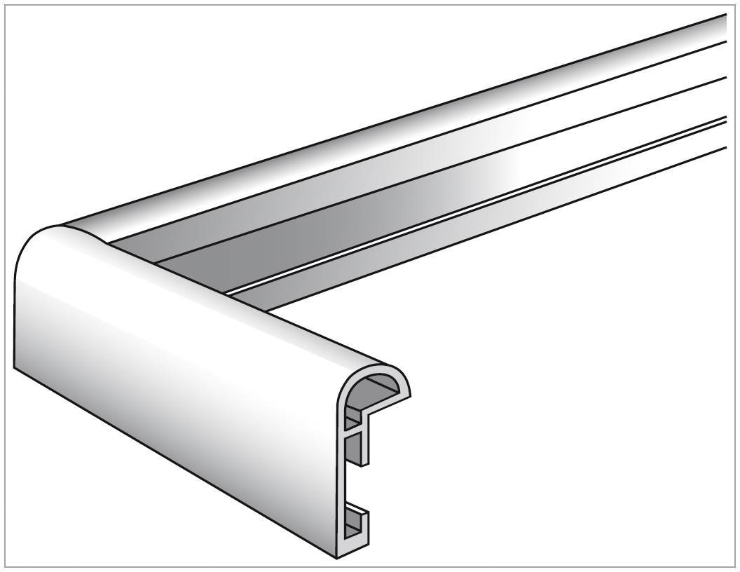 Srebrni, pod pravim kutom savinuti aluminijski profil s otvorenom donjom stranom i zaobljenim vanjskim rubom, često korišten za rubove stropova.
