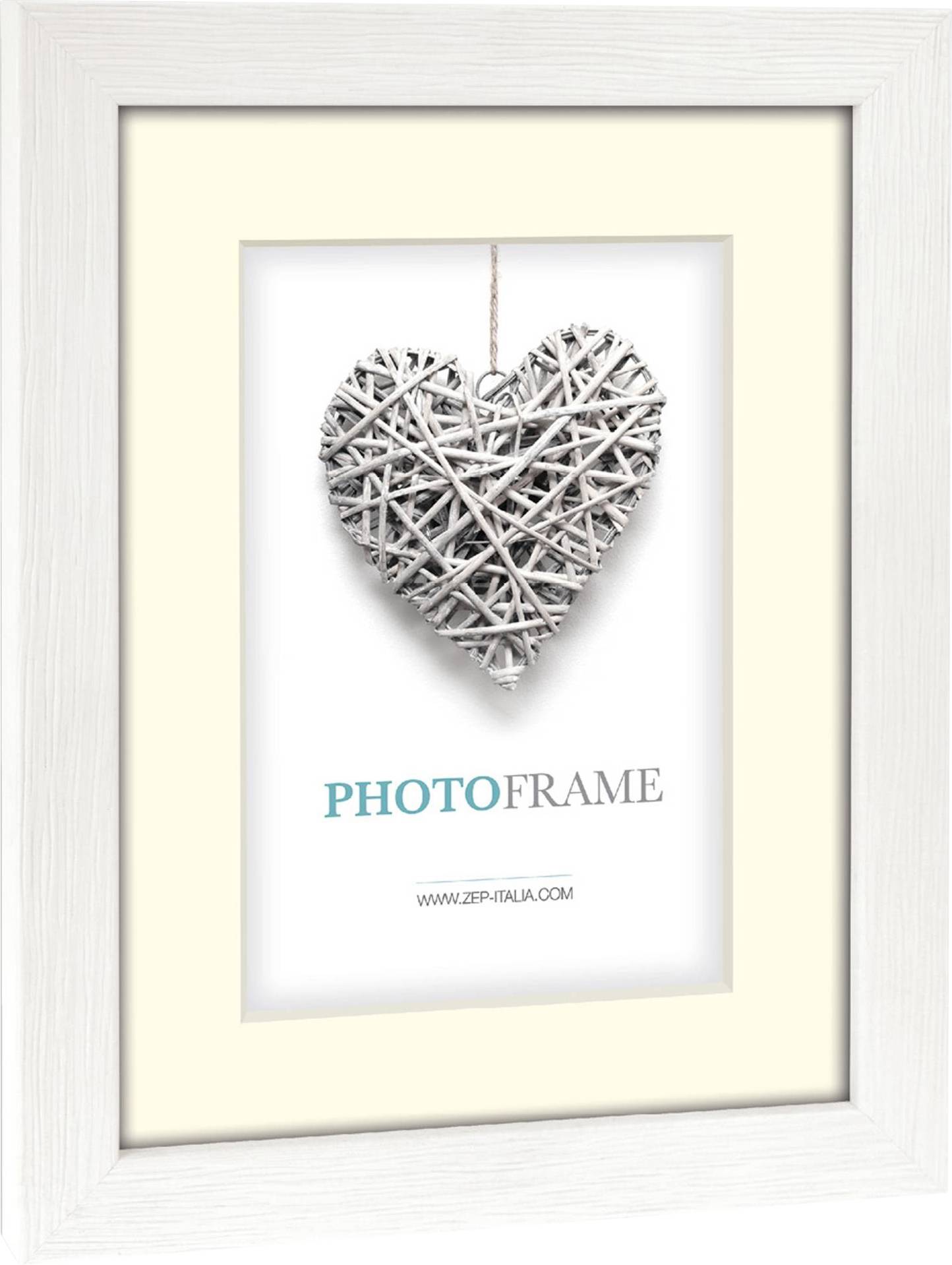 Bijeli okvir za slike s fotografijom srcoliko isprepletenih grančica i tekstom 'PHOTO FRAME', 'WWW.ZEP-ITALIA.COM'.