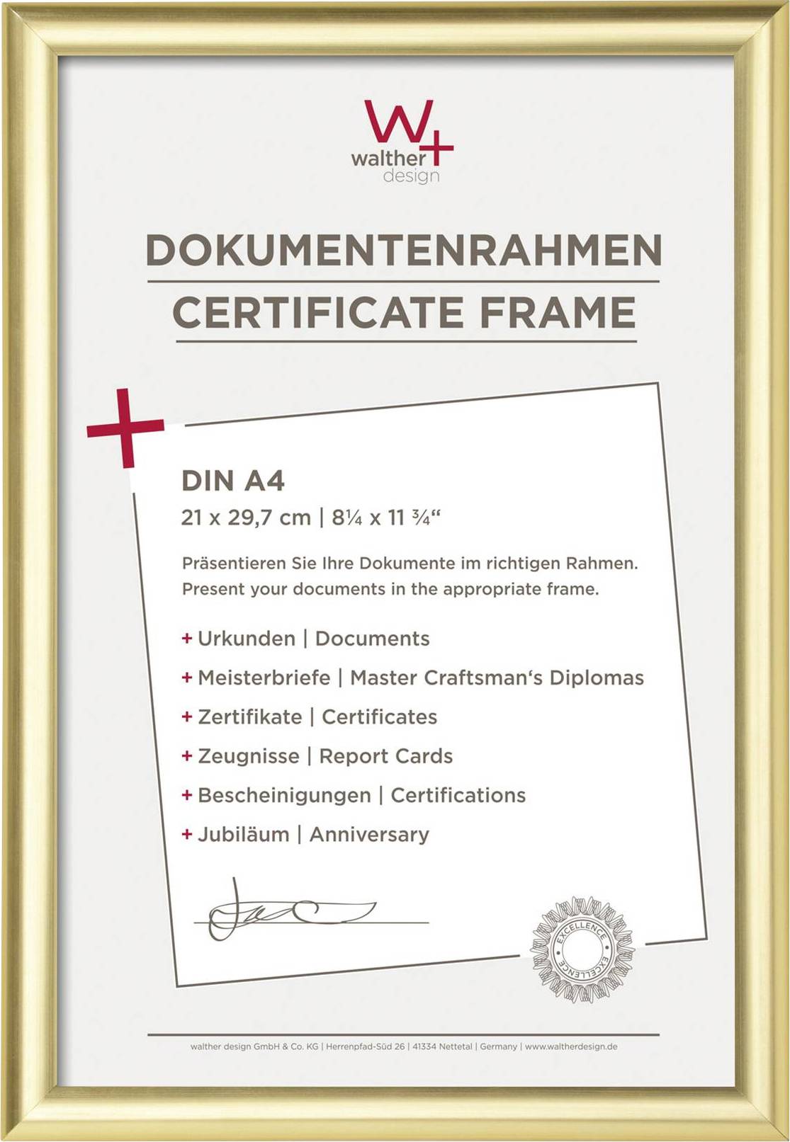 walther+ design KP130G Wissellijst Papierformaat: DIN A4 (b x h x d) 23.80 x 32.80 x 1.70 cm Goud