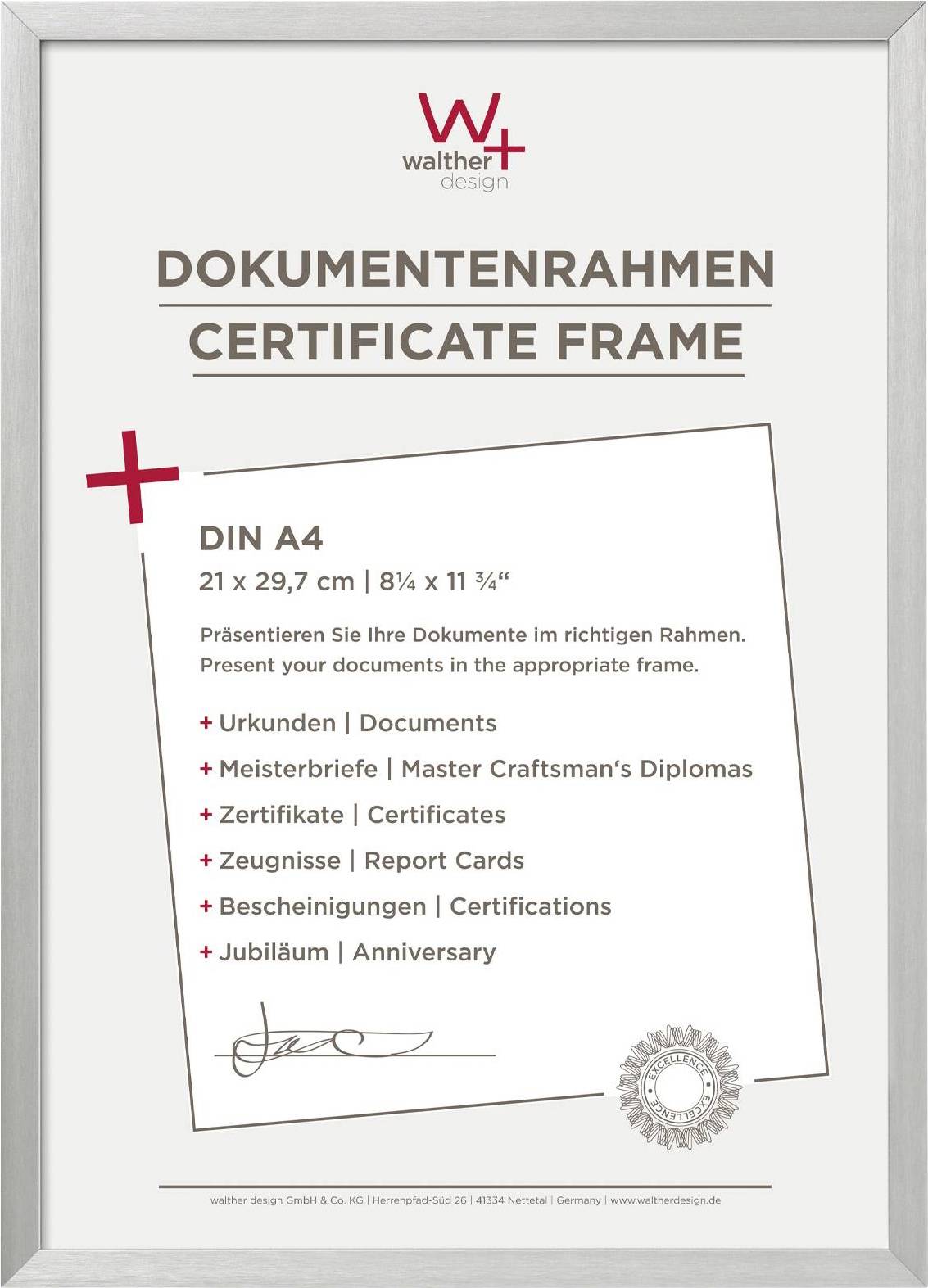 Drveni certificirani okvir Walther Design za DIN A4 dokumente. Tekst: 'Prezentirajte svoje dokumente u pravom okviru.'