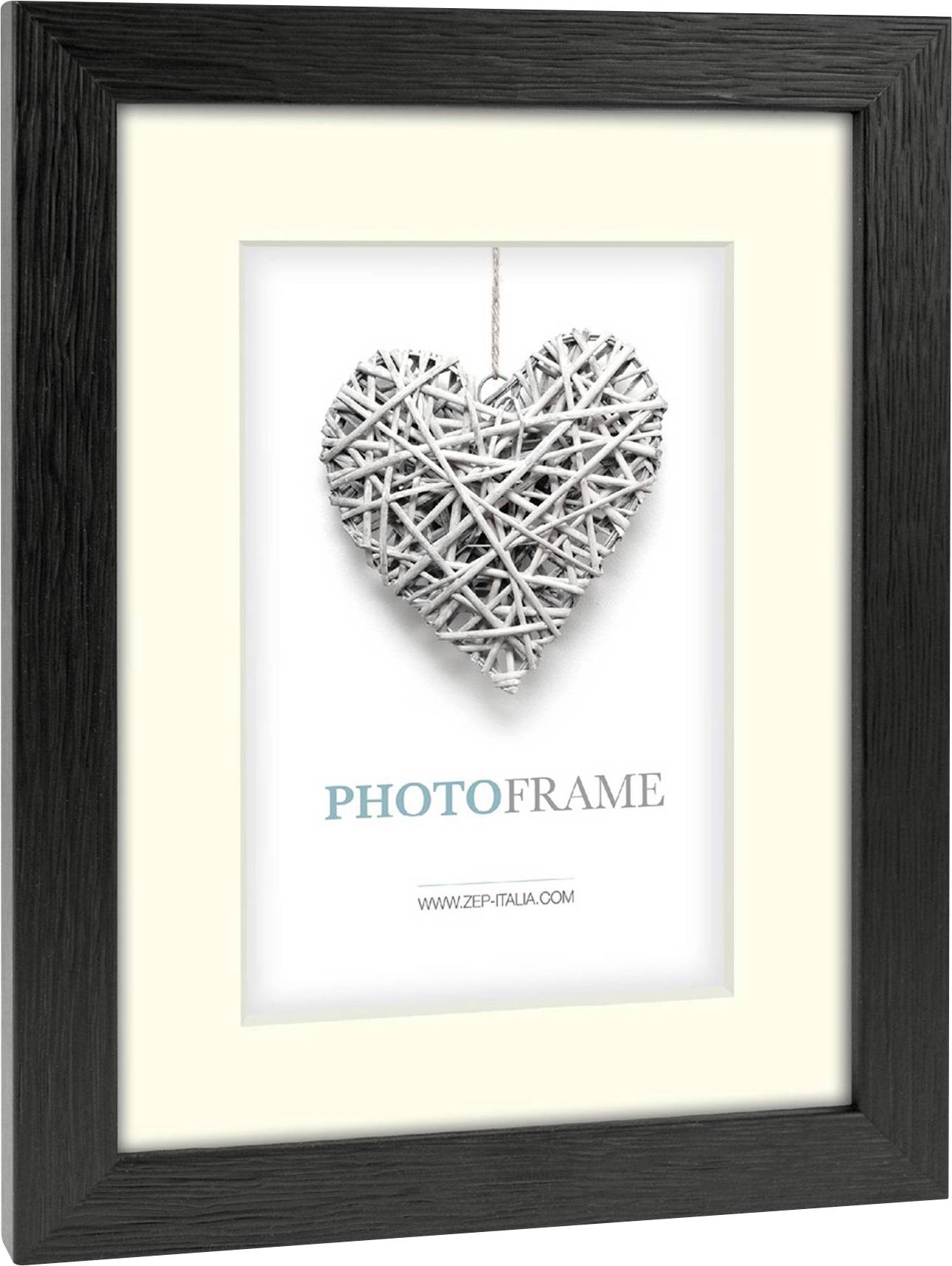 Crni okvir za slike s fotografijom srca sačinjenog od isprepletenih grančica. Ispod srca piše 'PHOTOFRAME'.