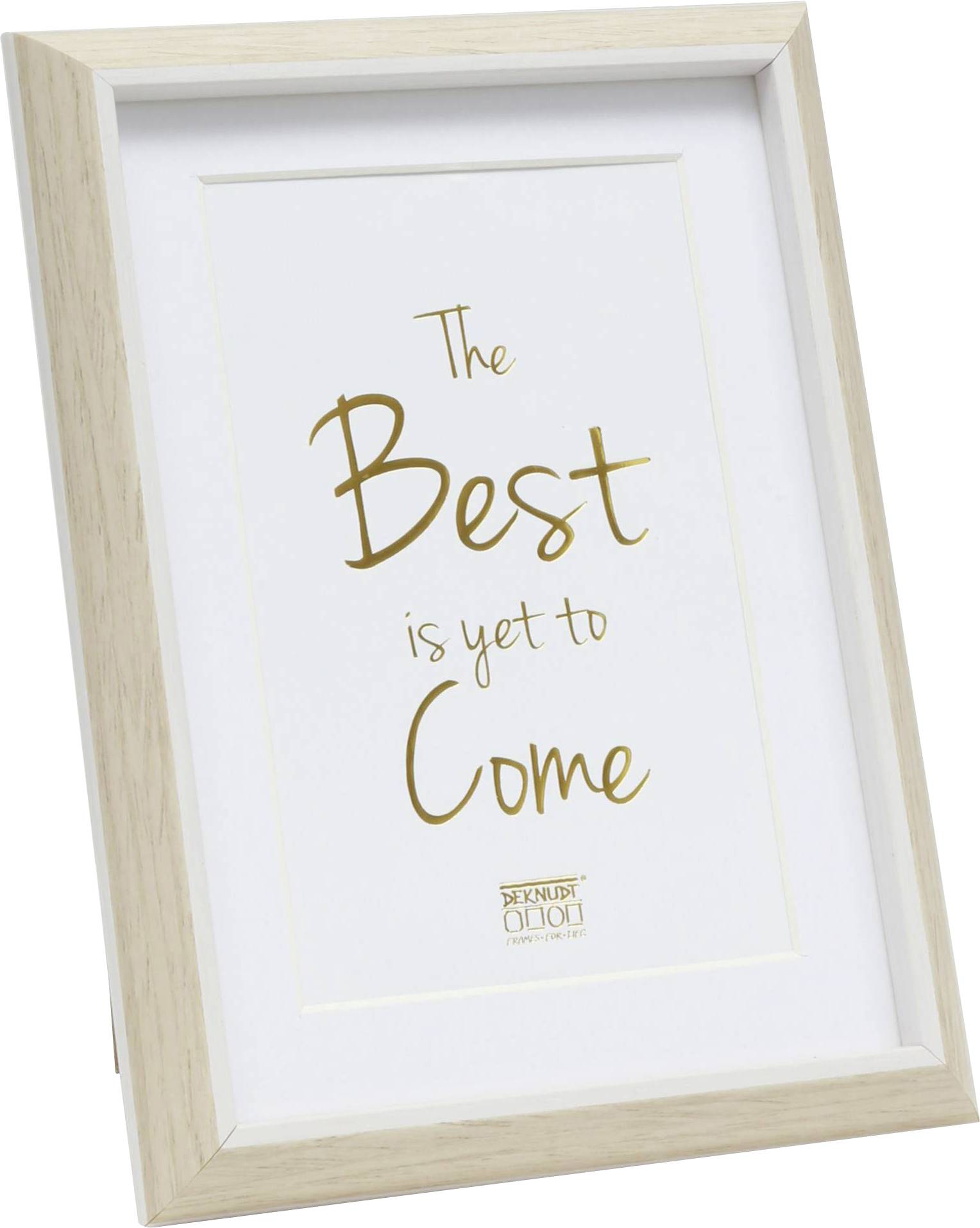 Okvir za slike s citatom 'The Best is Yet to Come' zlatnim slovima na bijeloj pozadini.