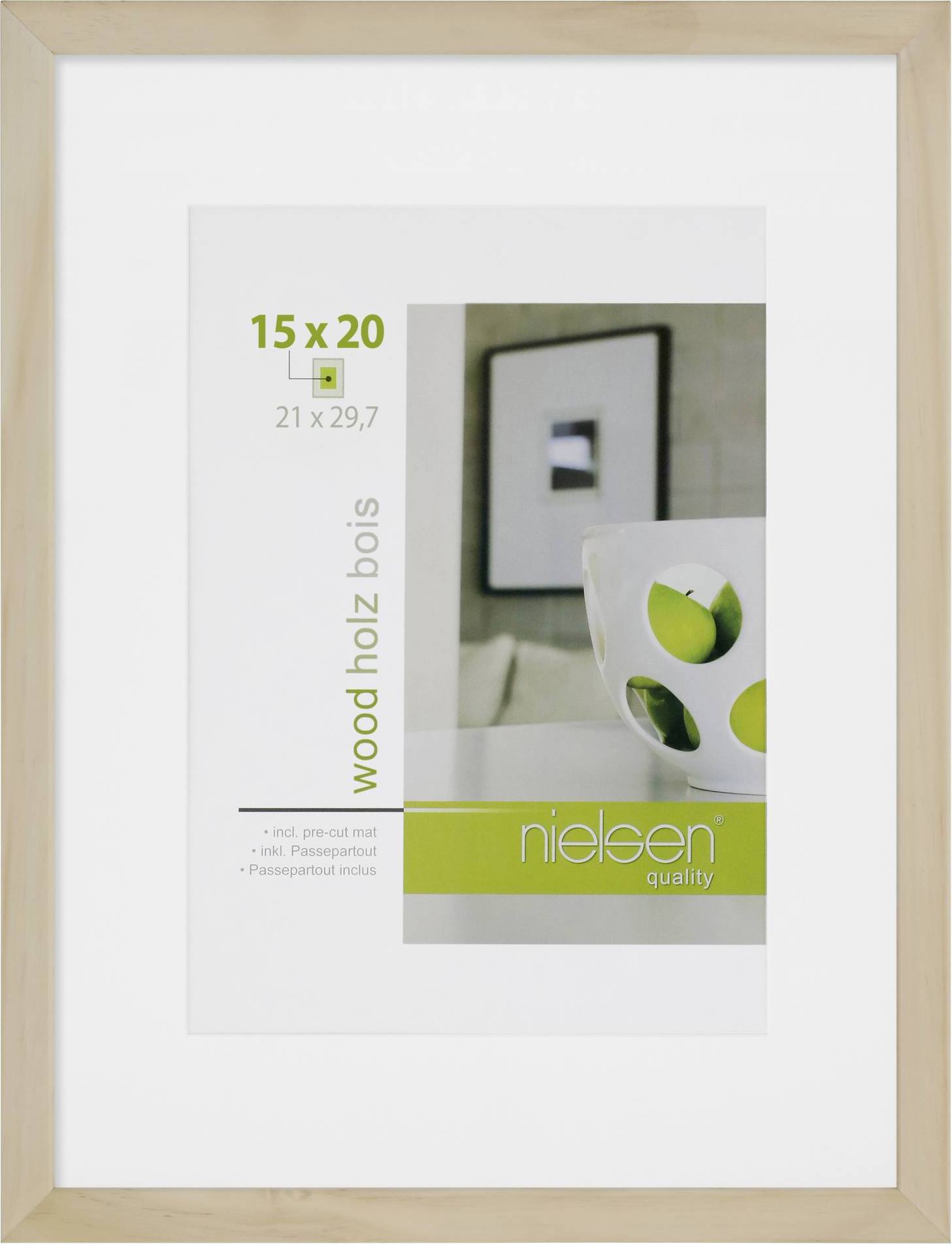 Okvir s nalepnicom 'nielsen quality', prikazuje dimenzije 15 x 20 cm i sliku dekorativne zdjele na stolu.
