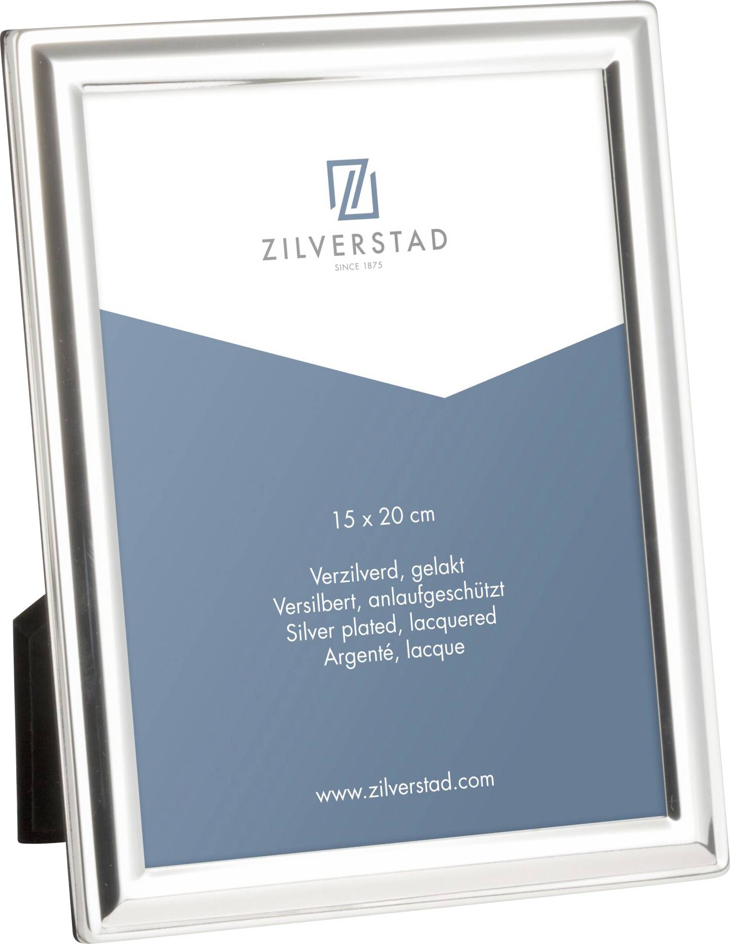 Srebrni okvir za slike marke Zilverstad, pogodan za fotografiju veličine 15 x 20 cm. Tekst na plavoj podlozi: 'Posrebreno, lakirano'.