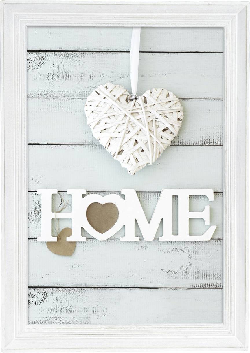 Slika drvene ploče s natpisom 'HOME' i srcolikom ornamentom iznad. Pozadina se sastoji od svijetloplavo obojenih drvenih dasaka.