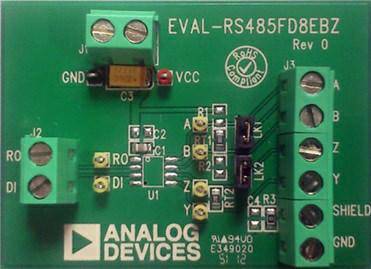 'Zelena elektronička tiskana pločica s oznakom EVAL-RS485FD8EBZ, poveznicama i komponentama. Proizvođač: Analog Devices.'