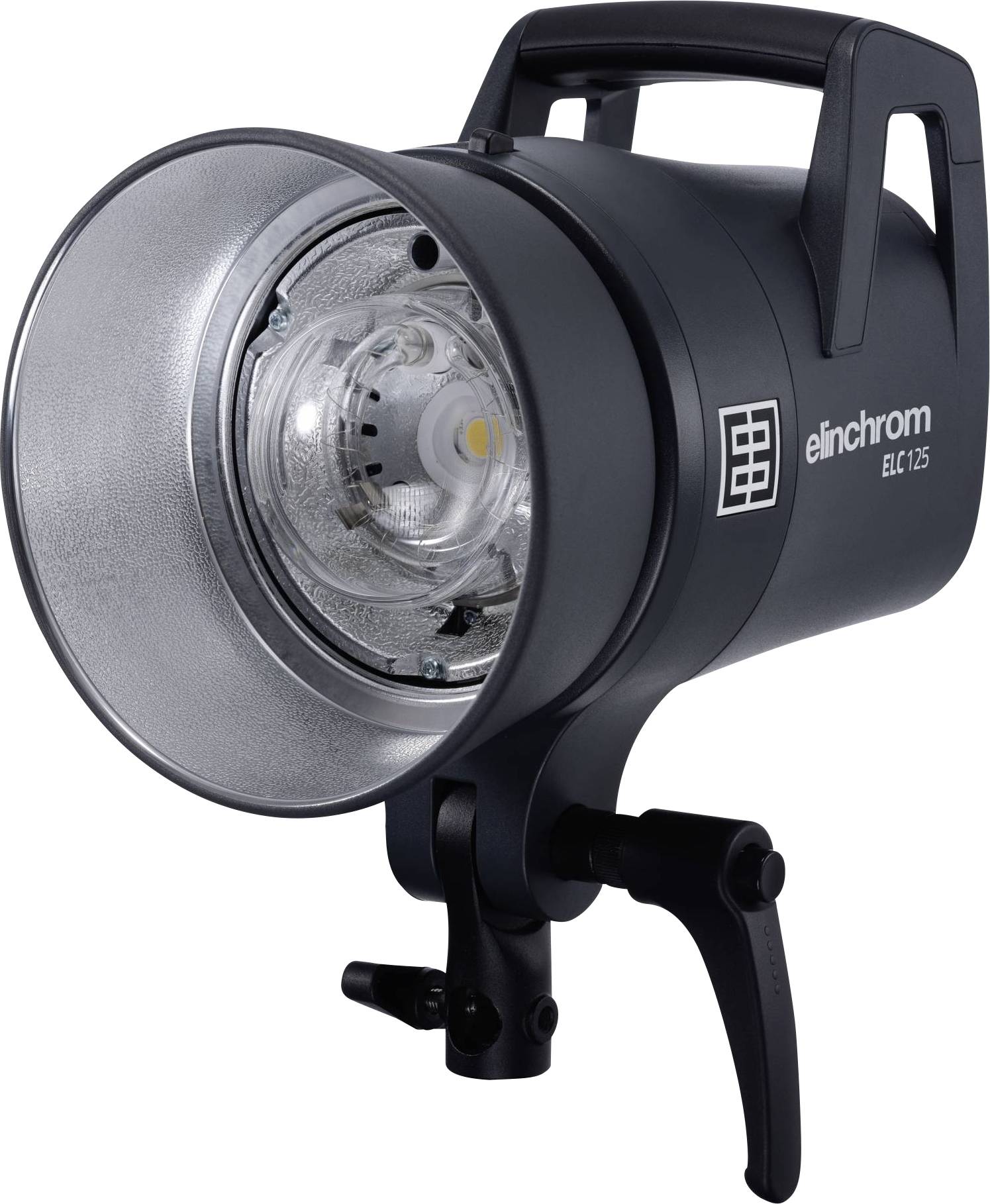 Studijska lampa Elinchrom ELC 125 s crućim kućištem, velikim reflektorom i ručkom za nošenje, idealna za profesionalnu fotografiju.